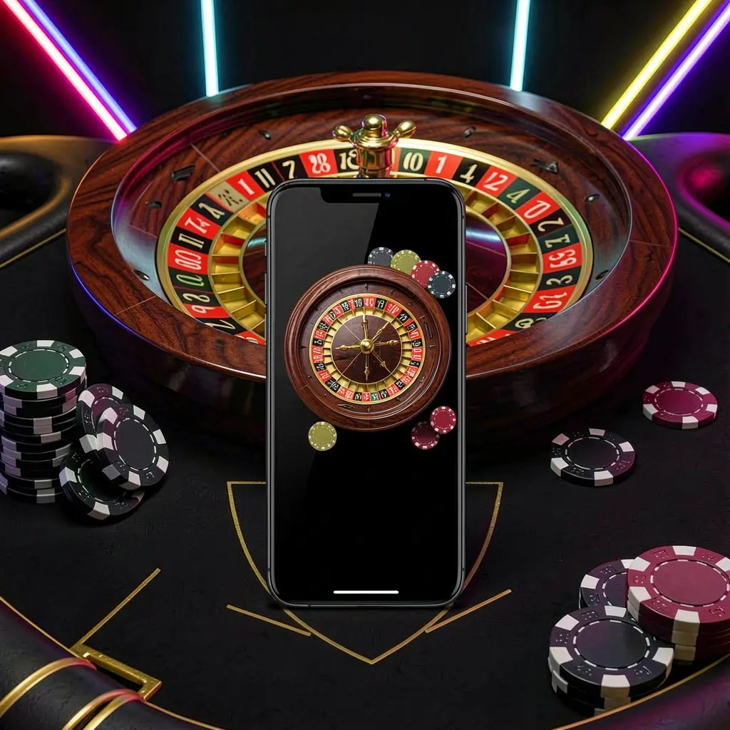RUN7777 mobile casino application scene featuring a phone in the center with a roulette wheel and poker chips in the background, illuminated by glowing neon lights in a premium black and gold style
