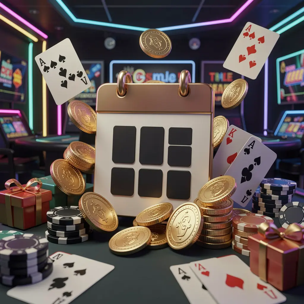 RUN7777 weekly online casino bonus concept featuring a calendar icon surrounded by golden coins, gift boxes, poker chips, and playing cards in a festive casino atmosphere with dark modern background and neon lights