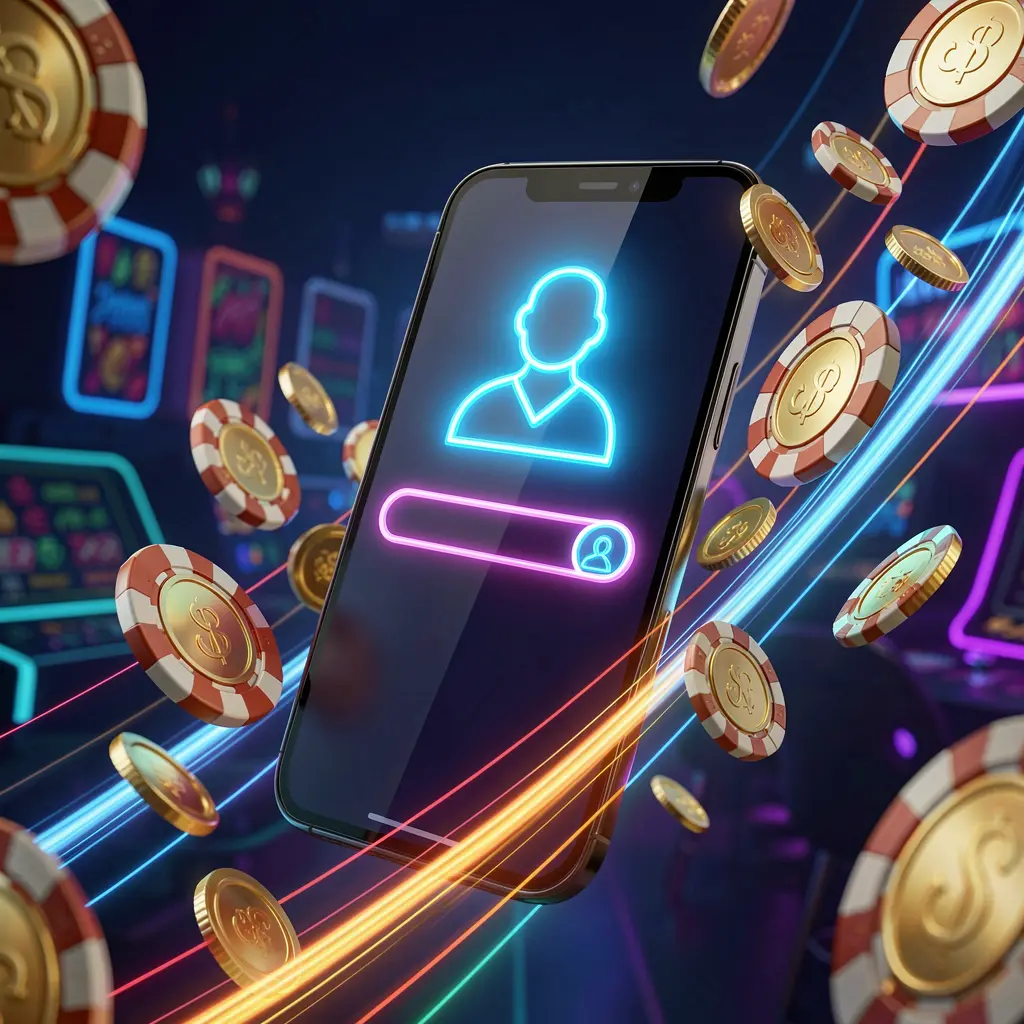 RUN7777 fast casino login banner featuring a smartphone with a bright user icon, speed light trails, golden coins and chips flying around in a modern neon casino style with high detail 3D render