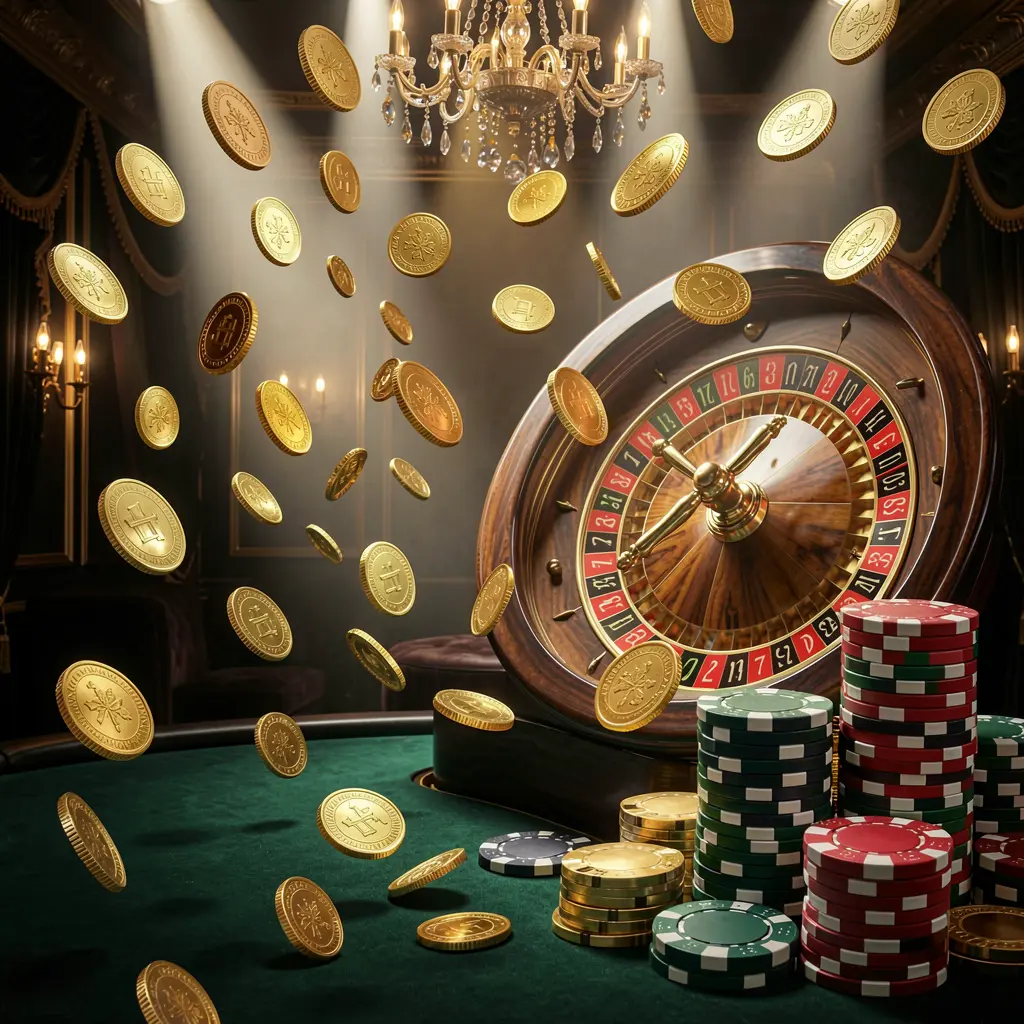 RUN7777 online casino main page background featuring dramatic casino lights, golden coins flying, stacked poker chips in the foreground, and a roulette wheel behind in a luxury black and gold atmosphere